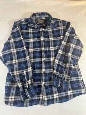 Orvis Classic Collection Mens L Blue Navy Plaid Flannel Button Up Shirt Cotton
